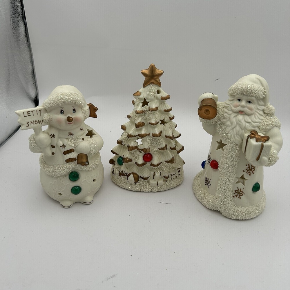 Santa Christmas Tree & Snowman White Porcelain Votive Set w/ Plastic Jewels